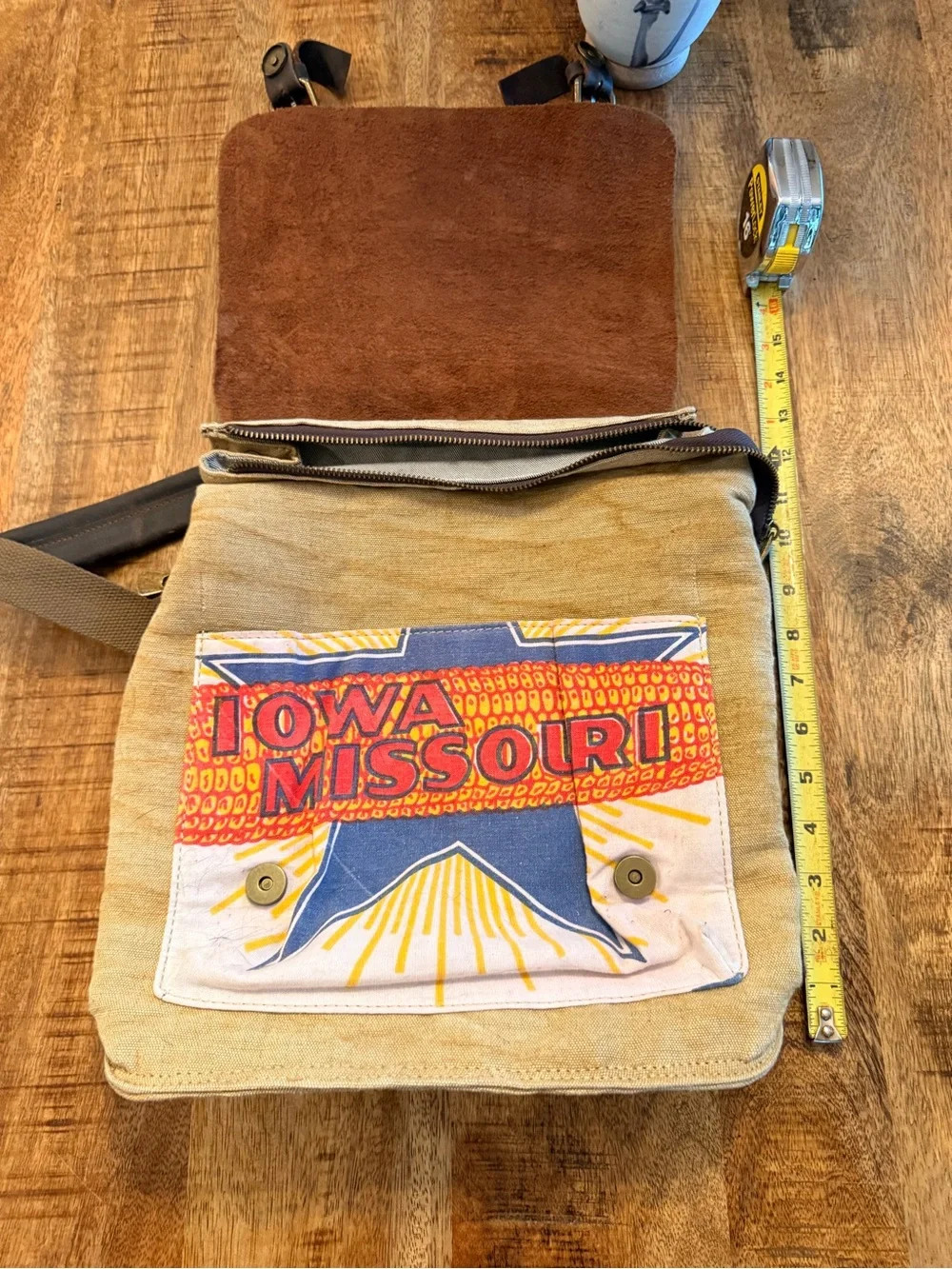 one of a kind - heavy duty Brown Leather & Tan Canvas Backpack with Blue Accent